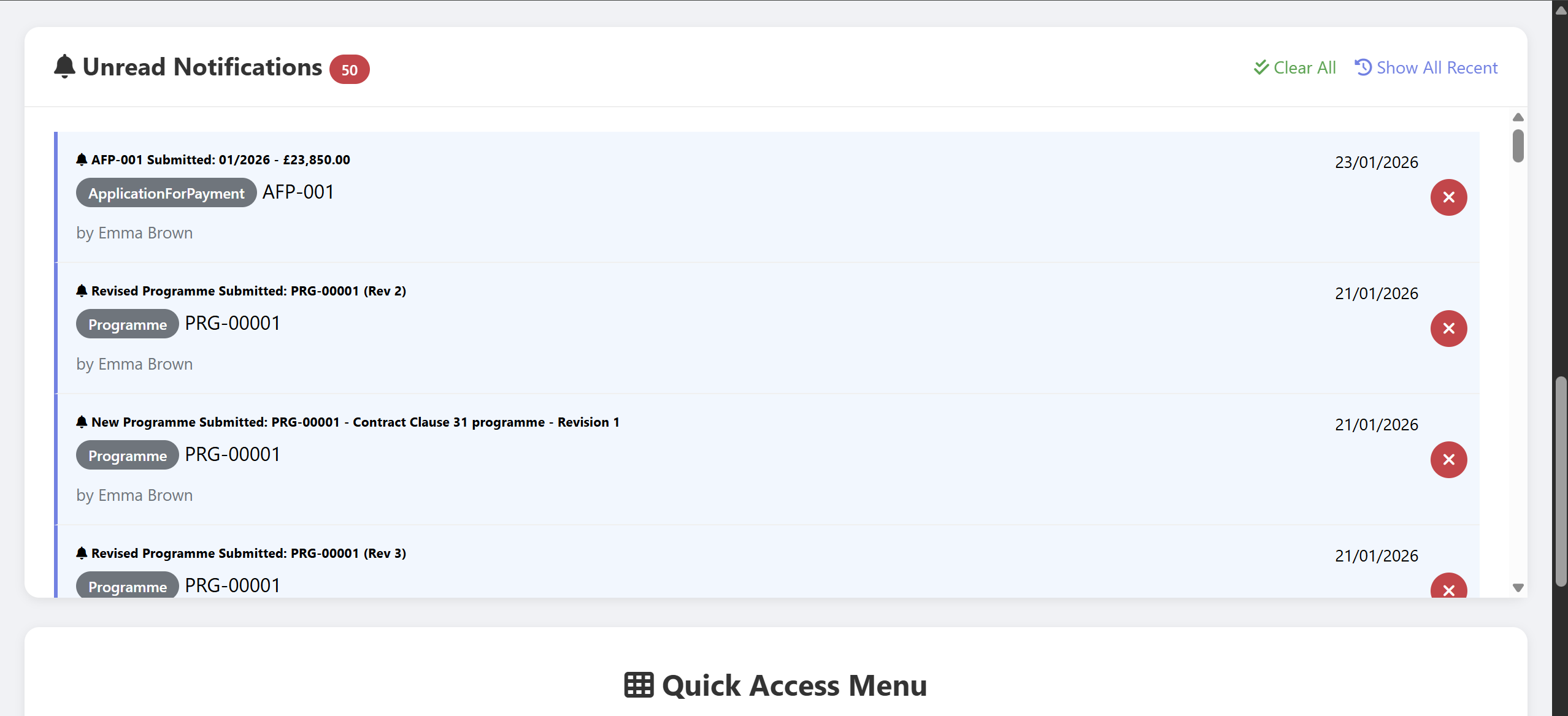 NECCAT notifications panel